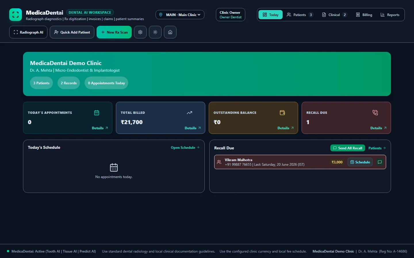 MedicaDentai Today dashboard showing clinic overview, key metrics, schedule, and recall activity